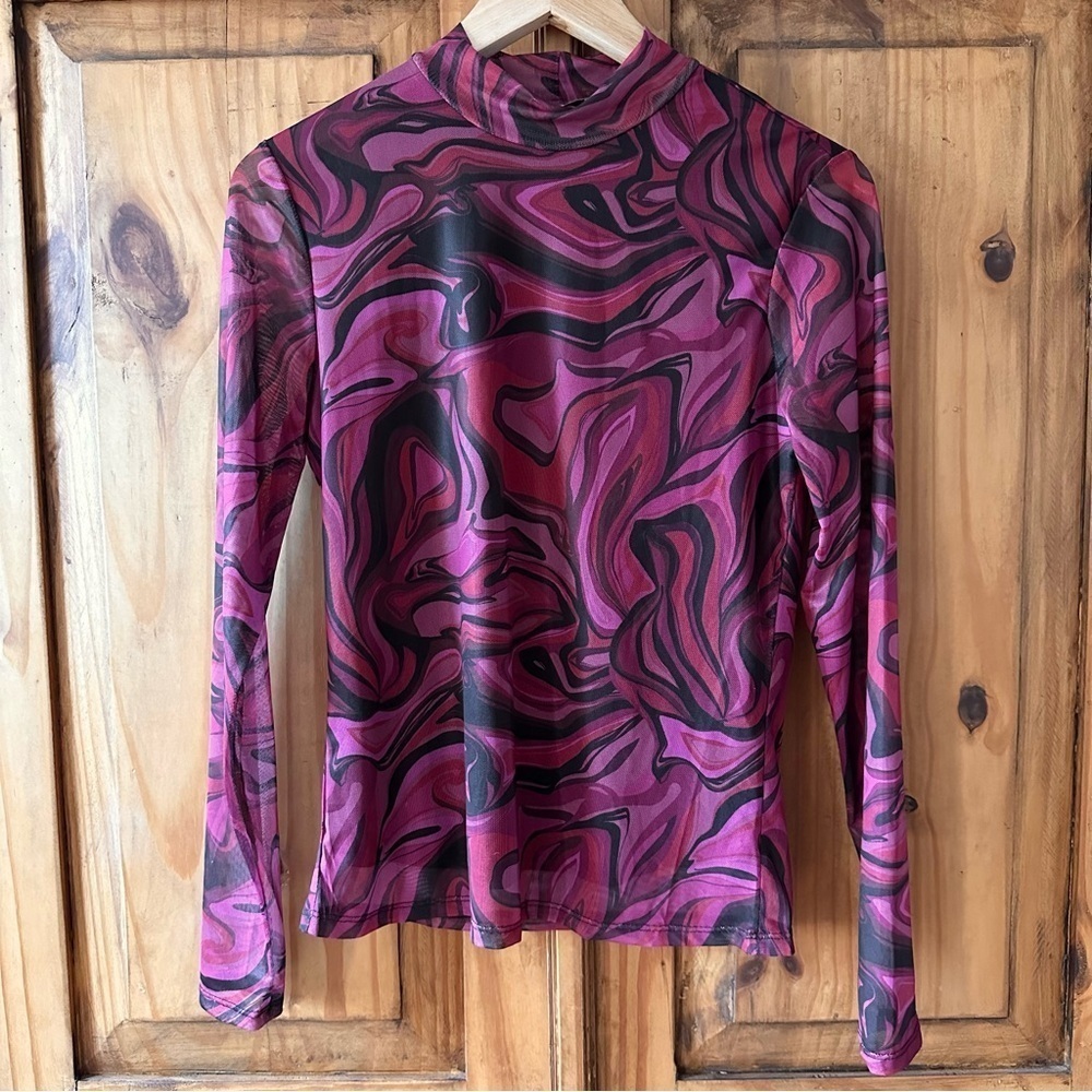 Suzy Shier Sheer Mock Neck Mod Psychedelic Red Pink Black Long Sleeves -Med